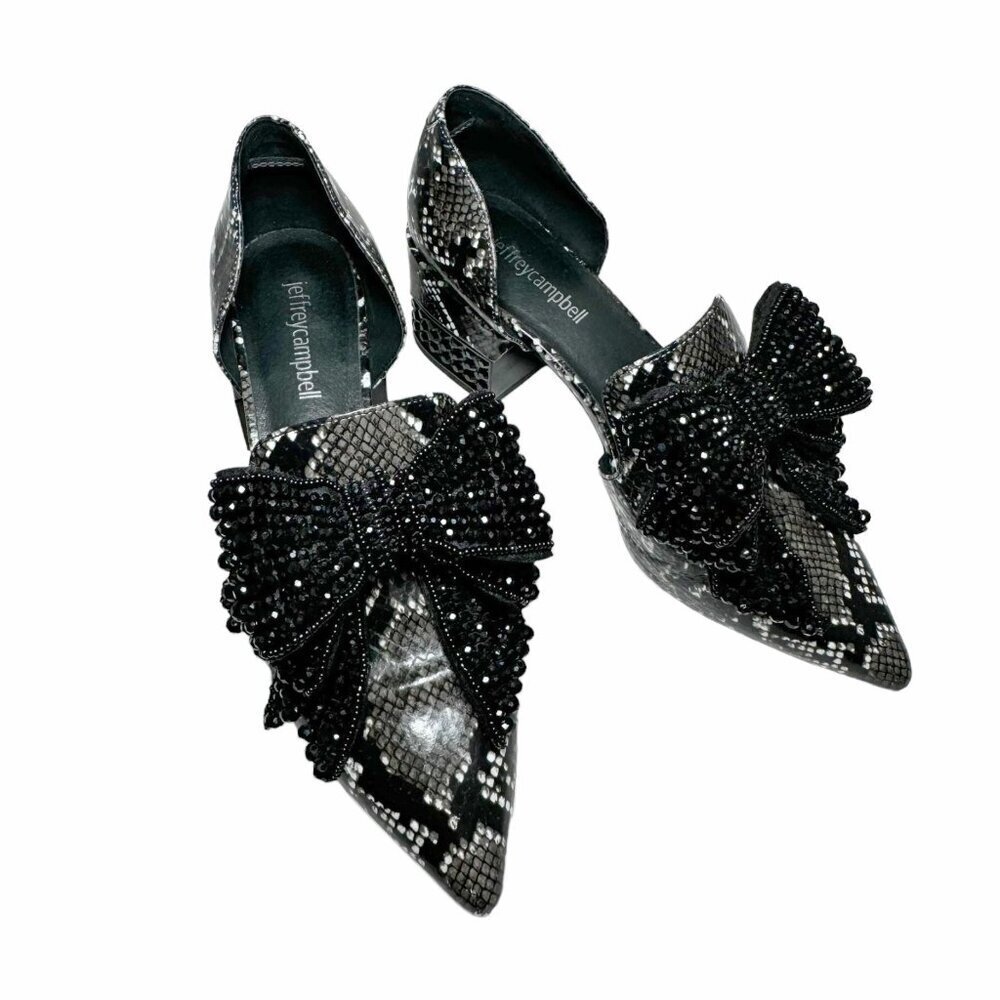Jeffrey Campbell Black and Silver Snakeskin Bow Block Heel